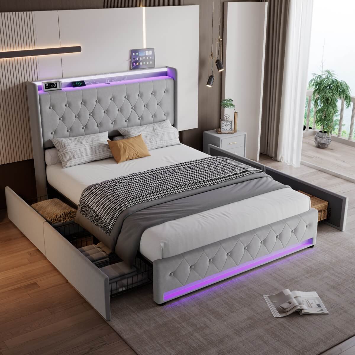 4ft6 Double Upholstered Storage Bed - Velvet Bed Frame with 4 Drawers, LED Light Strips & Charging Socket, Grey