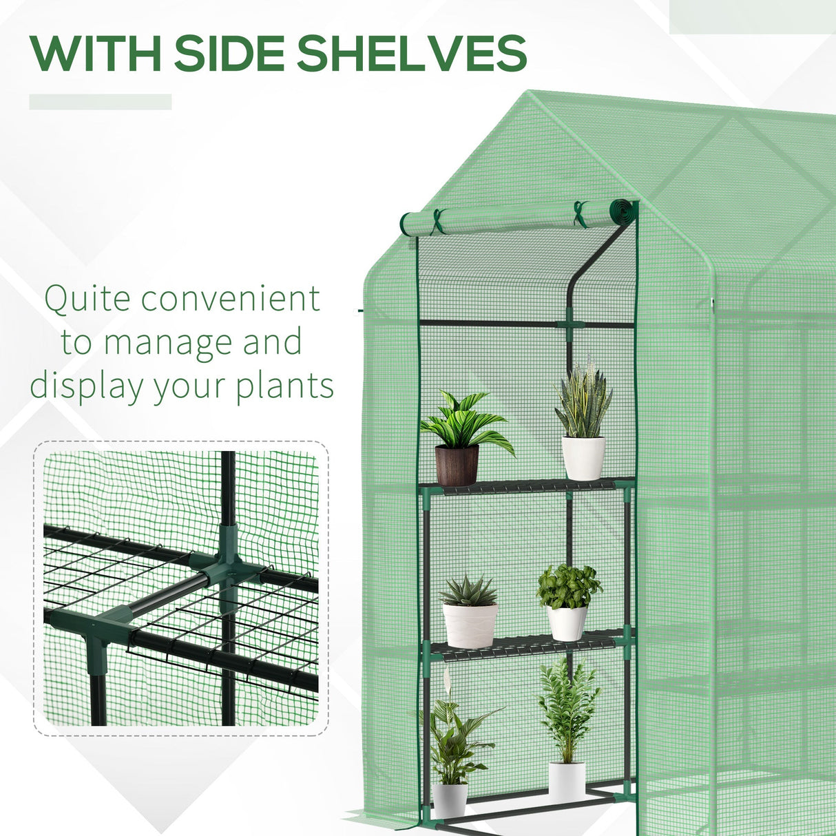 Walk in Greenhouse with Shelves, Steeple, Removable Cover, Green
