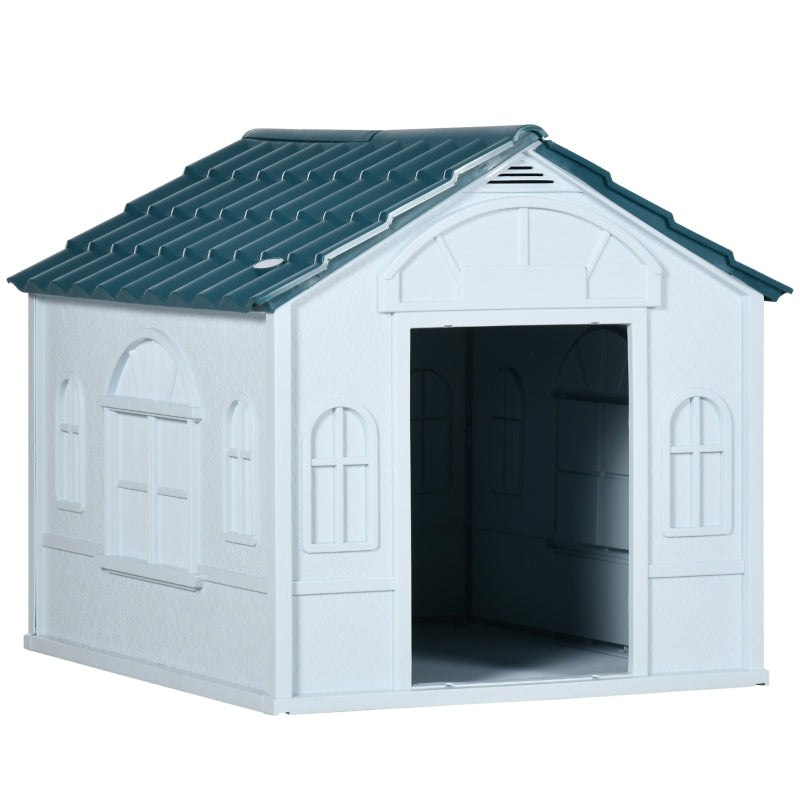 Dog House, Plastic Weather-Resistant for Indoors and Outdoors, White and Blue