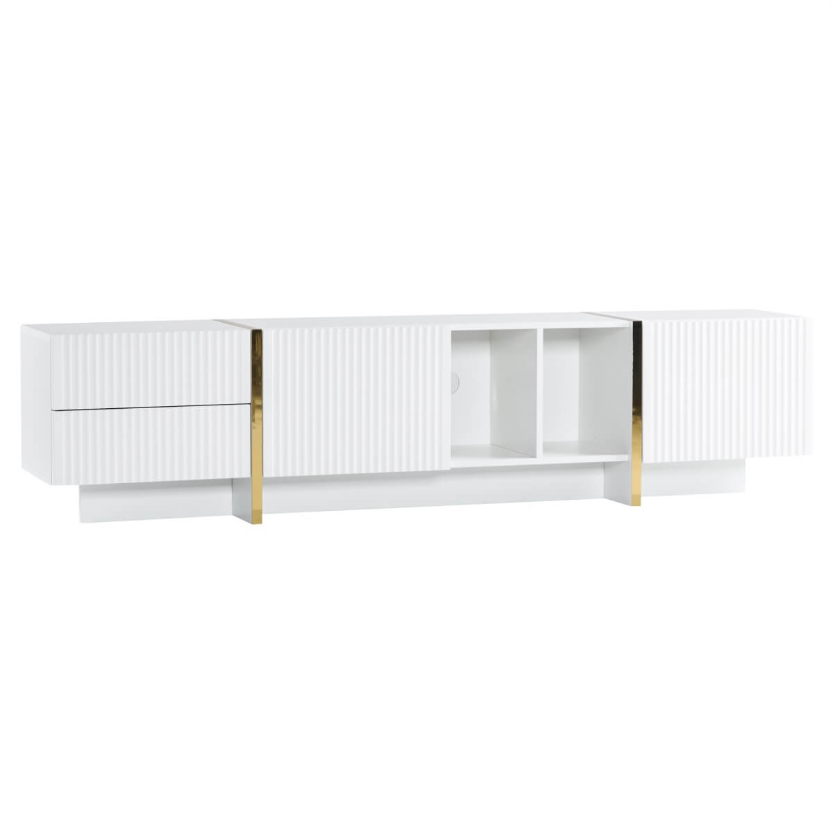 TV Stand for Up to 85 Inch TVs with Storage Cabinets & Open Shelves - Embossed Media Console, White