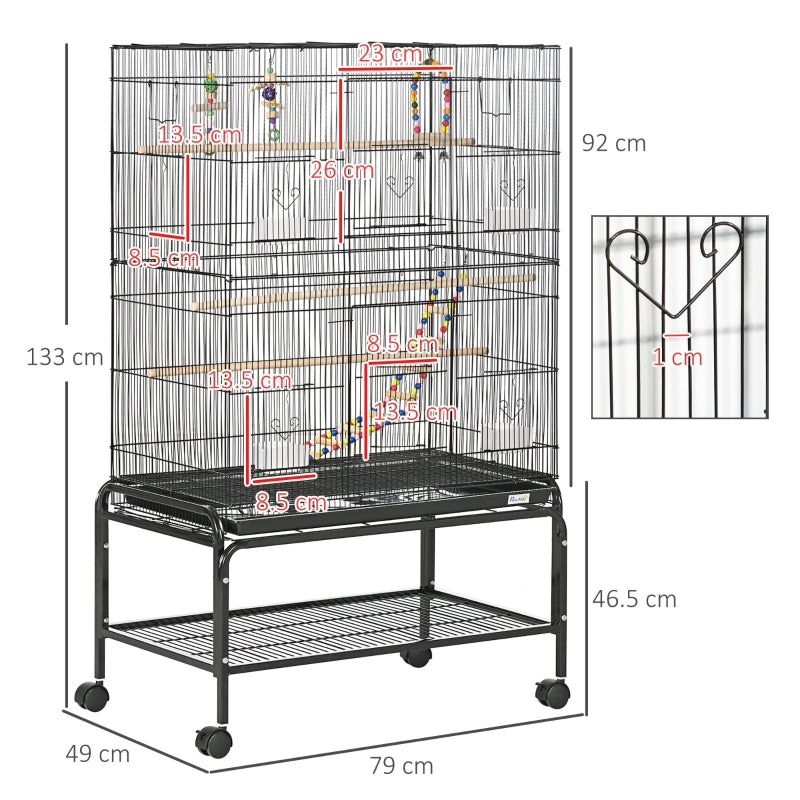 Large Bird Cage Budgie Cage with Stand, Wheels, Accessories, Storage Shelf - Black