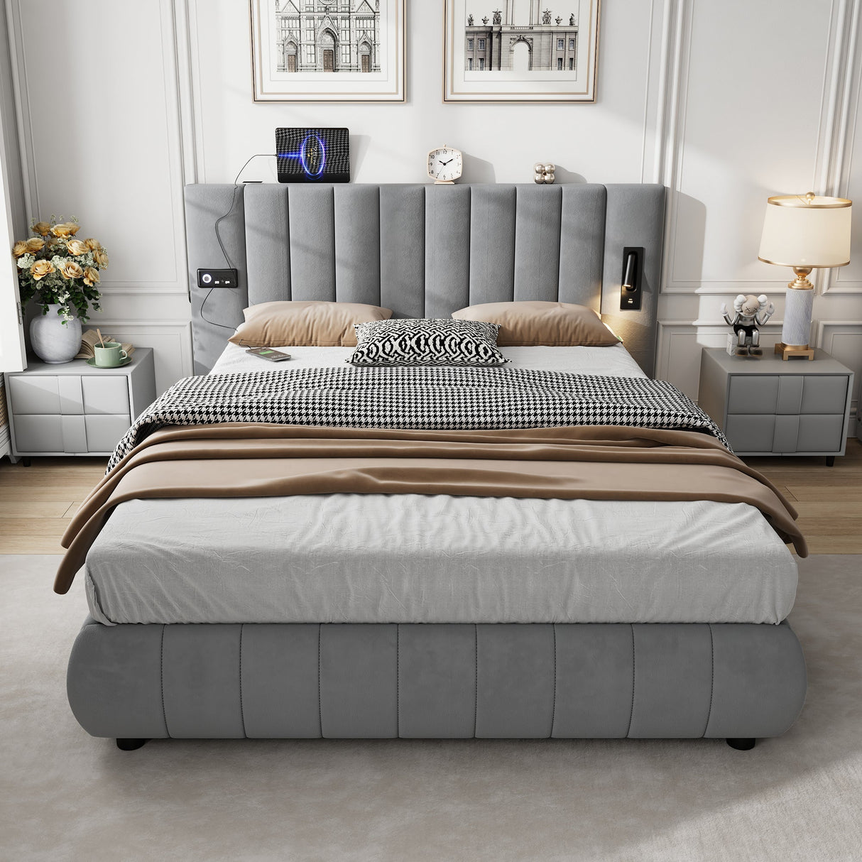 Upholstered Bed King Size 150x200cm with Stereo, USB Ports, Lighting, Electrical Plug & Soft Headboard, Grey Velvet+Iron