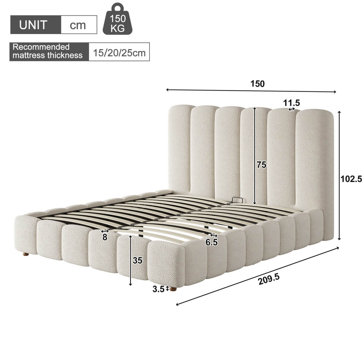4ft6 Double Upholstered Bed with Hydraulic Storage - White Bouclé Bed Frame with Padded Headboard & Slatted Base