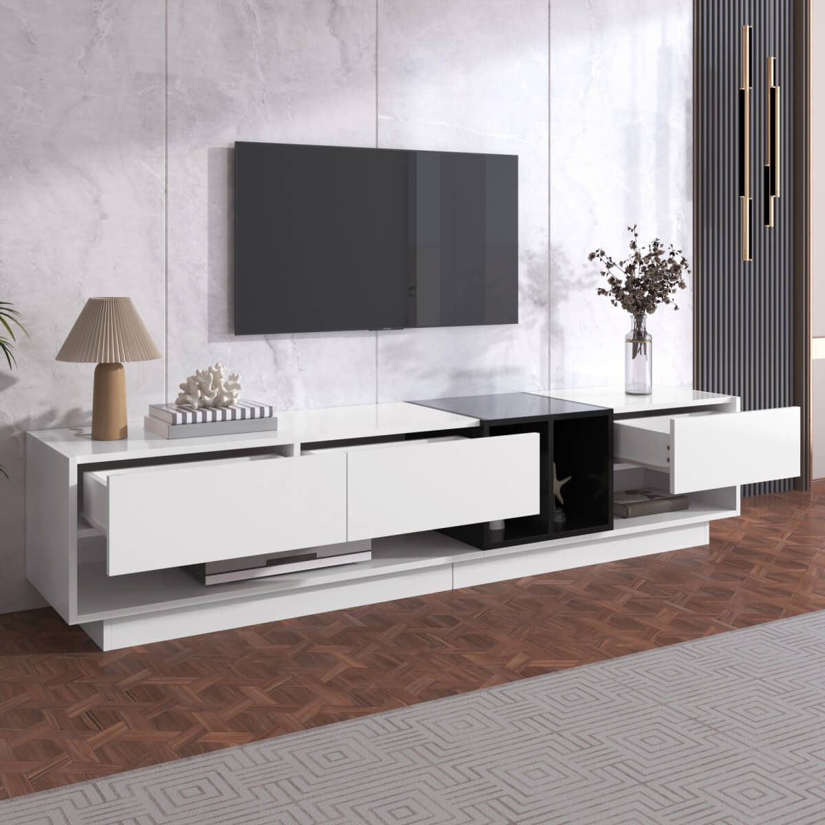 Modern TV Unit with High Gloss White and Black Finish - Lowboard with Drawers, Storage Compartments and Shelves