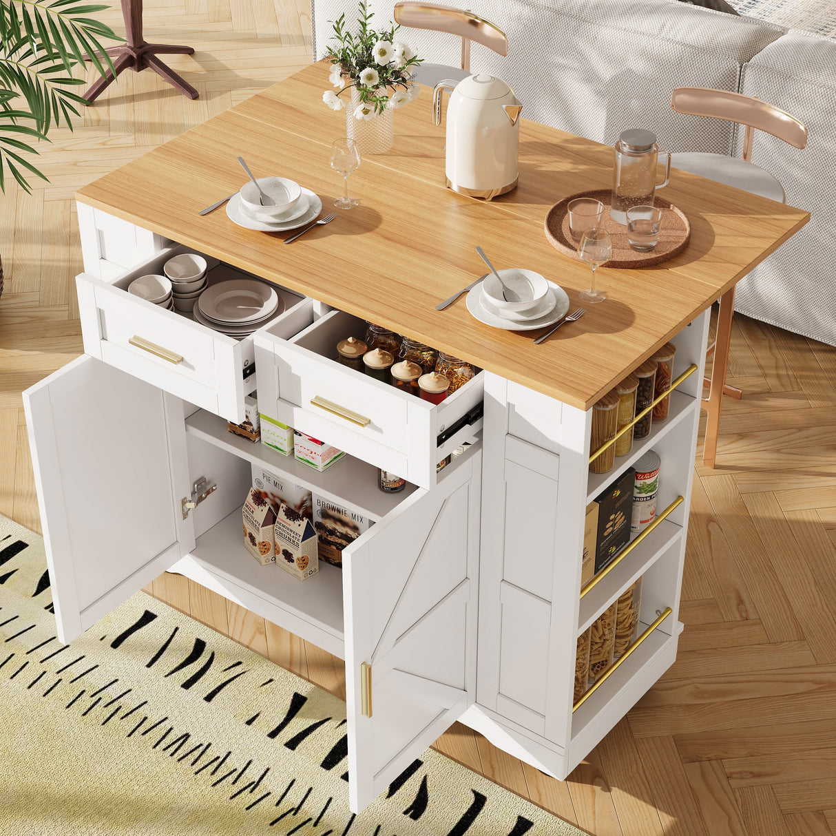 Kitchen Island on Wheels, Rolling Cart with Drawers & Storage, Foldable Worktop, White