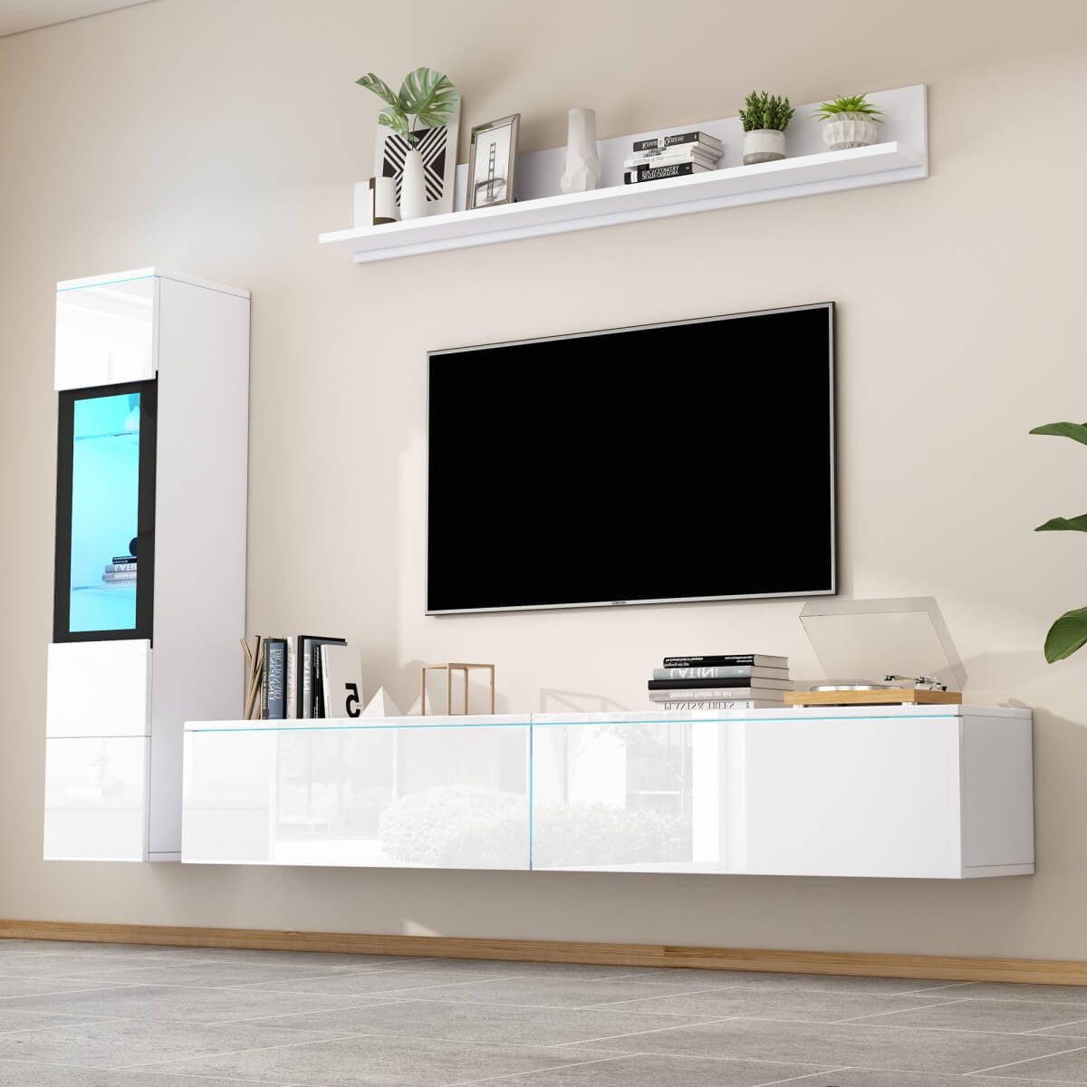 3-Piece White TV Wall Unit with LED Lights - High Gloss TV Stand, Display Cabinet and Wall Shelf for Living Room