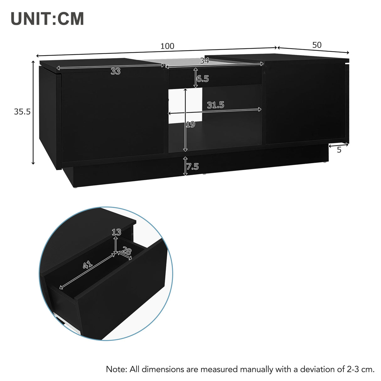 Coffee Table: Modern with Storage & LED Lights, 2 Tiers & 2 Drawers, Large Living Room Center Table, Black Particle Board