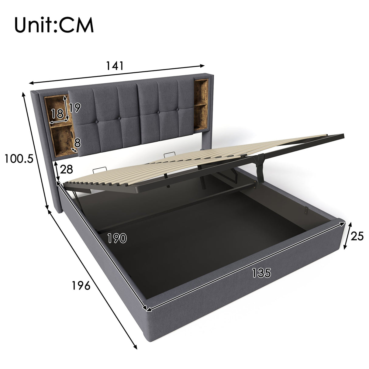 Upholstered Double Bed with Wireless Charging, Hydraulic Storage & Lift, 4FT6 Linen Fabric, Grey