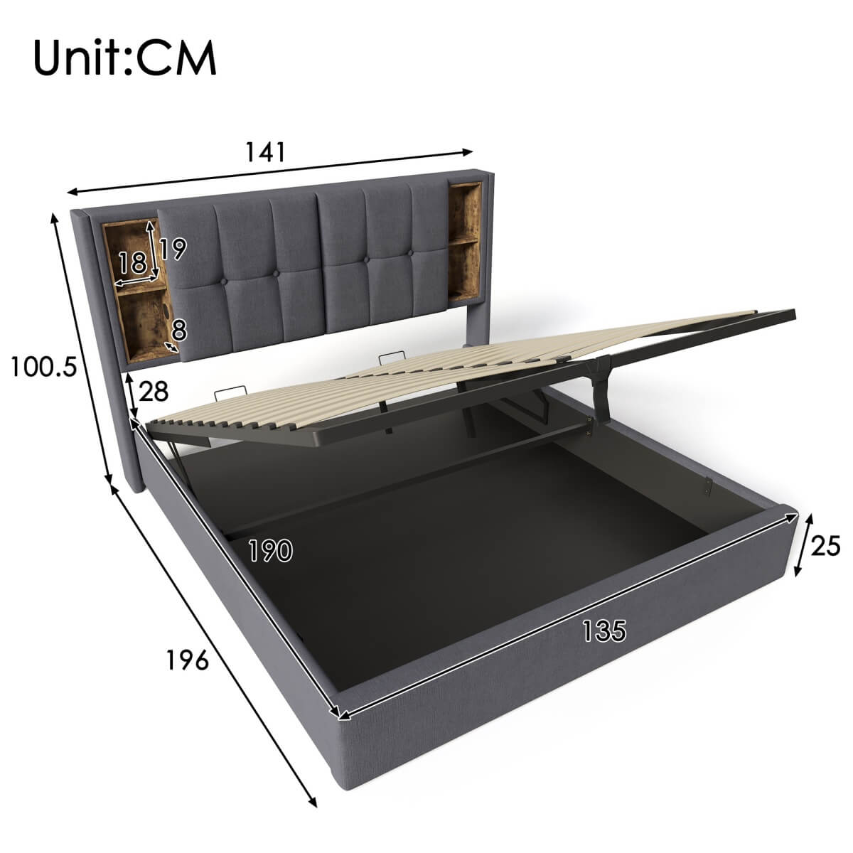 4ft6 Double Ottoman Bed Frame - Upholstered Storage Bed with Wireless Charging & USB C, Grey