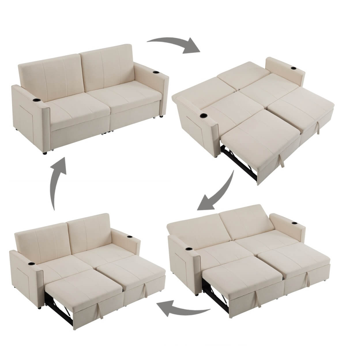 King Size Pull Out Sofa Bed - Convertible Fabric Sofa with Cup Holders and Side Pockets