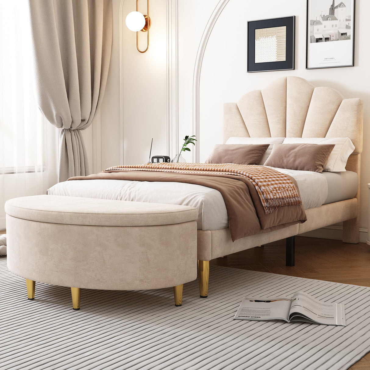 Velvet Upholstered Single Bed, 3ft Shell-Like with Golden Iron Legs and Wooden Slatted Frame, Beige