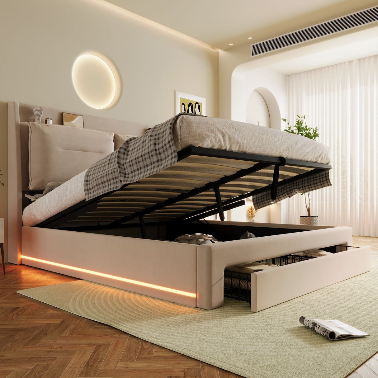 Upholstered Bed, 135x190cm (4ft6) Double, Hydraulic with 2 Storage Drawers & LED Lights, Beige Velvet