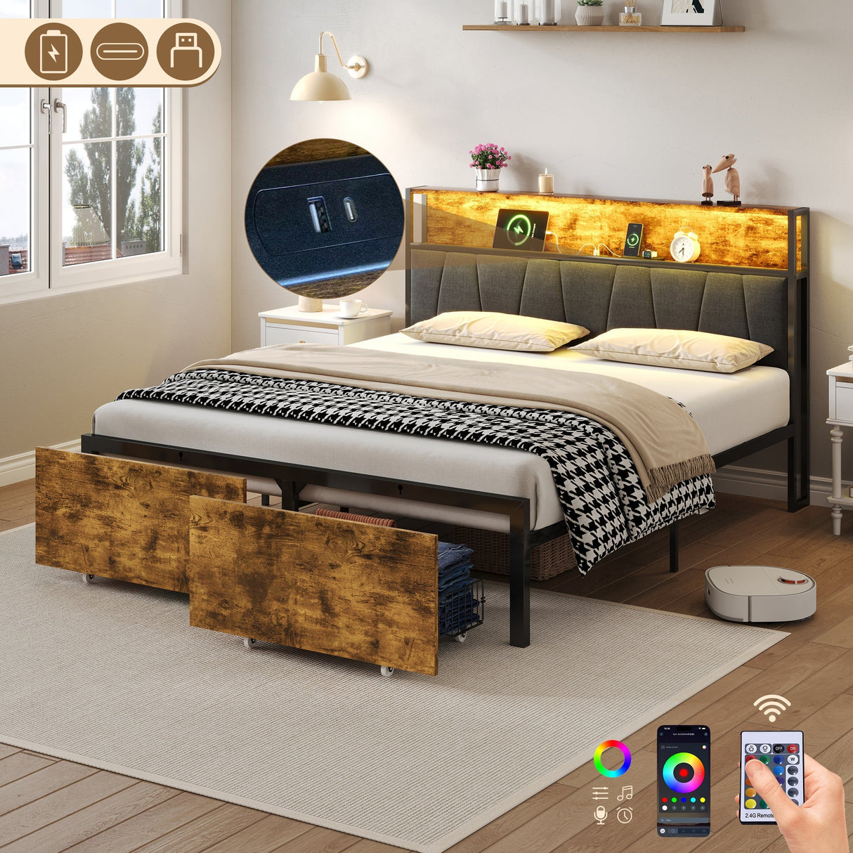 4ft6 Double Bed Frame with 2 Storage Drawers, RGB LED Storage Headboard & Charging Station, Black+Walnut