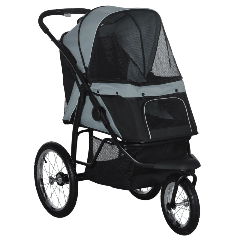 Pet Stroller Jogger, Foldable with Adjustable Canopy, 3 Big Wheels, Grey