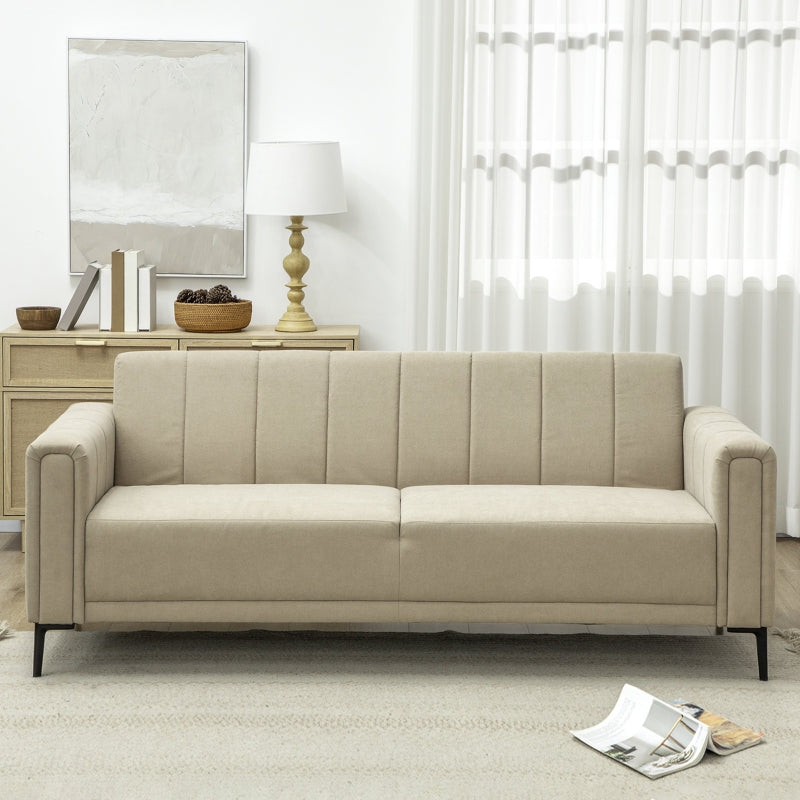 3 Seater Sofa, Modern Channel Tufted Upholstered Couch, Khaki Fabric