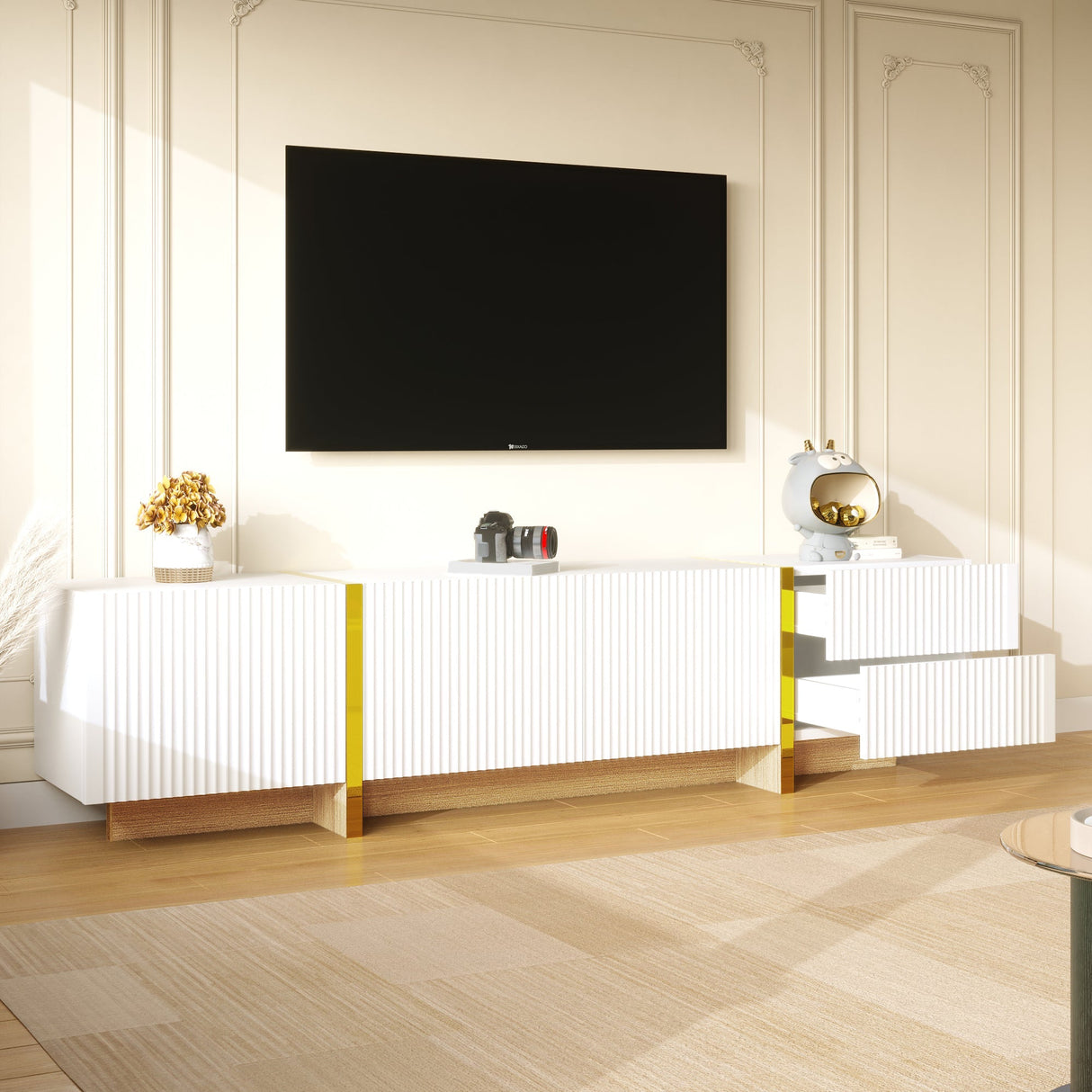 TV Cabinet 190 cm 3 Doors 2 Drawers, White Gold Wood Grain