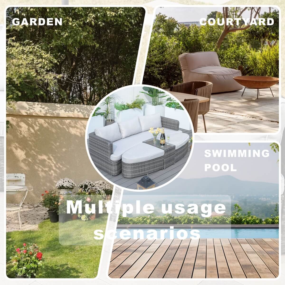 Rattan Outdoor Daybed with Coffee Table - Garden Sun Lounger Sofa