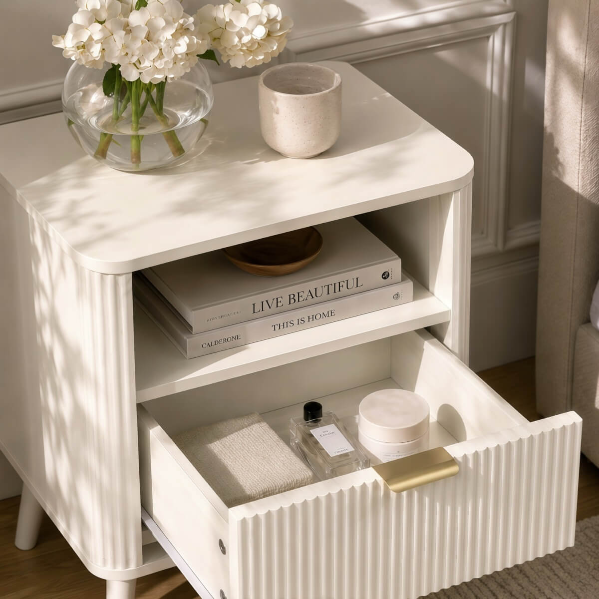 Set of 2 Fluted Bedside Tables - Drawer and Open Shelf, Rounded Corners, Gold Handles and 4-Leg Solid Wood Base, Cream White