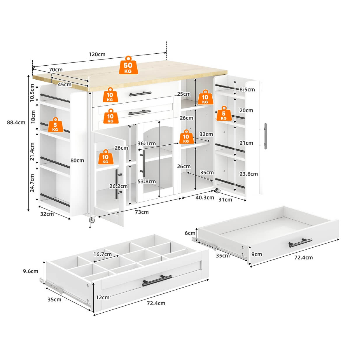 Kitchen Island Trolley - Foldable Worktop, Storage Shelves, Drawer, Wheels
