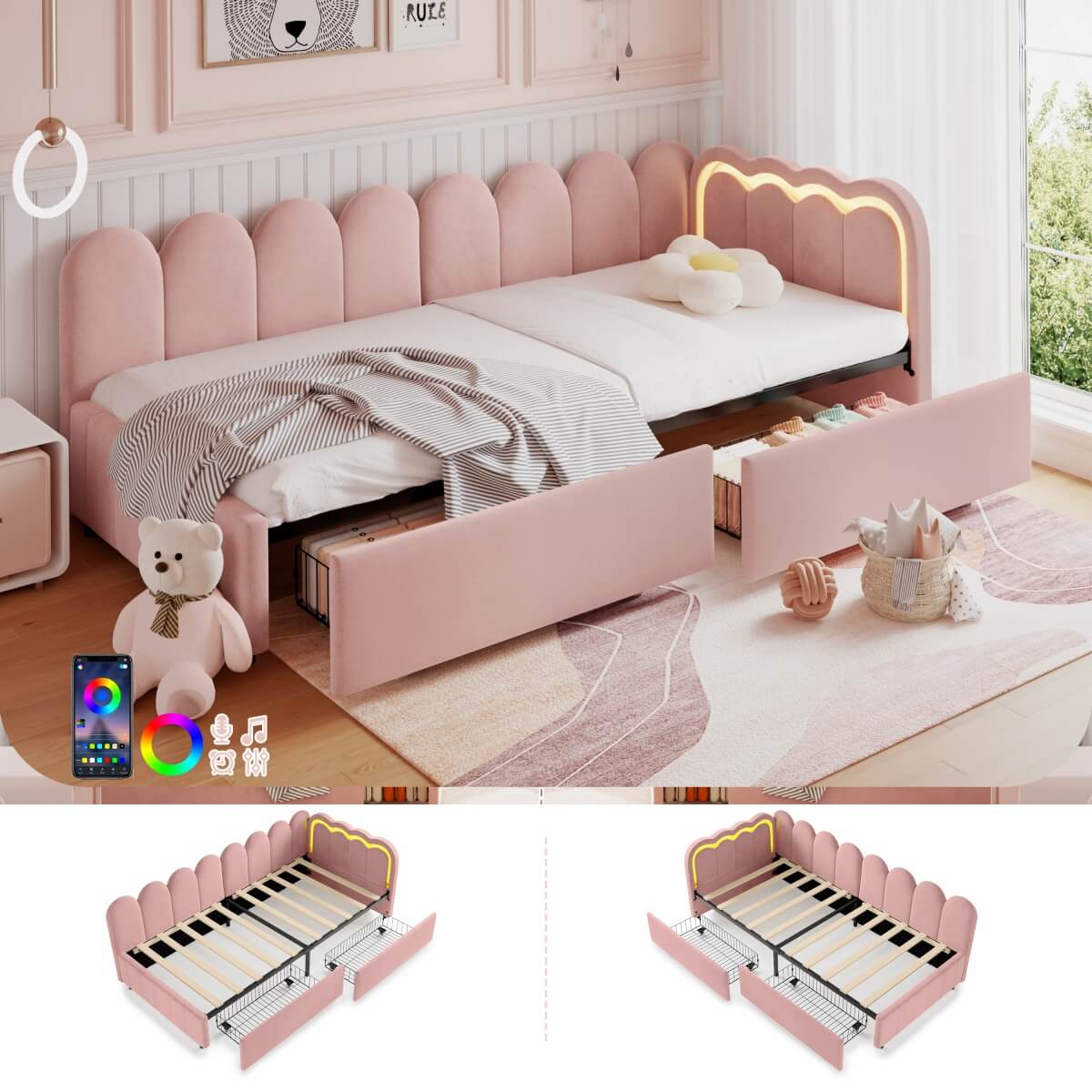 3ft Single Velvet Daybed - RGB LED Lights, 2 Storage Drawers, Scalloped Backrest, Pink