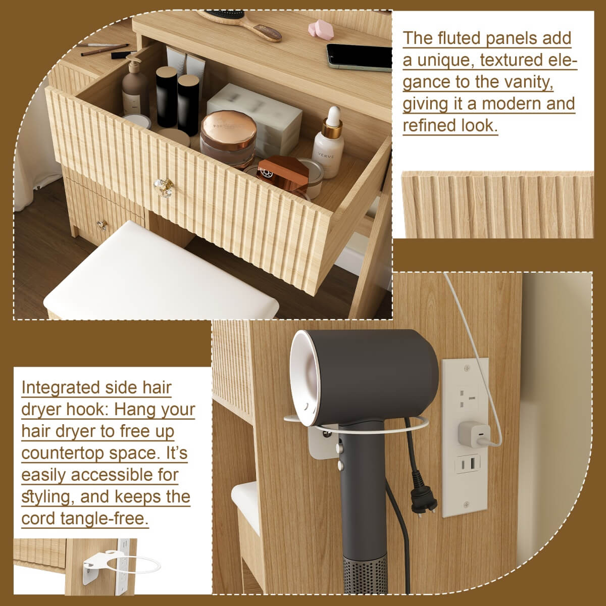 Modern Makeup Vanity Desk - 3-Mode Adjustable LED Lights, 4 Drawers, Open Storage Shelves, Hair Dryer Holder, Power Socket & Dressing Stool, Natural