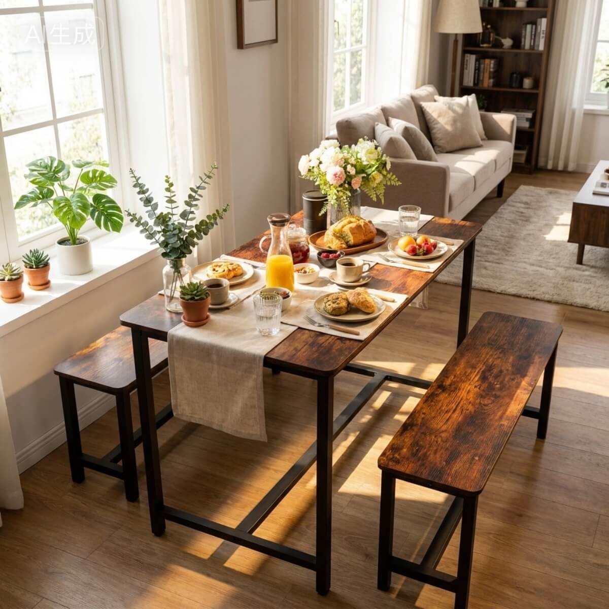 3 Piece Dining Table and Bench Set - Space Saving Kitchen Table Set, Brown