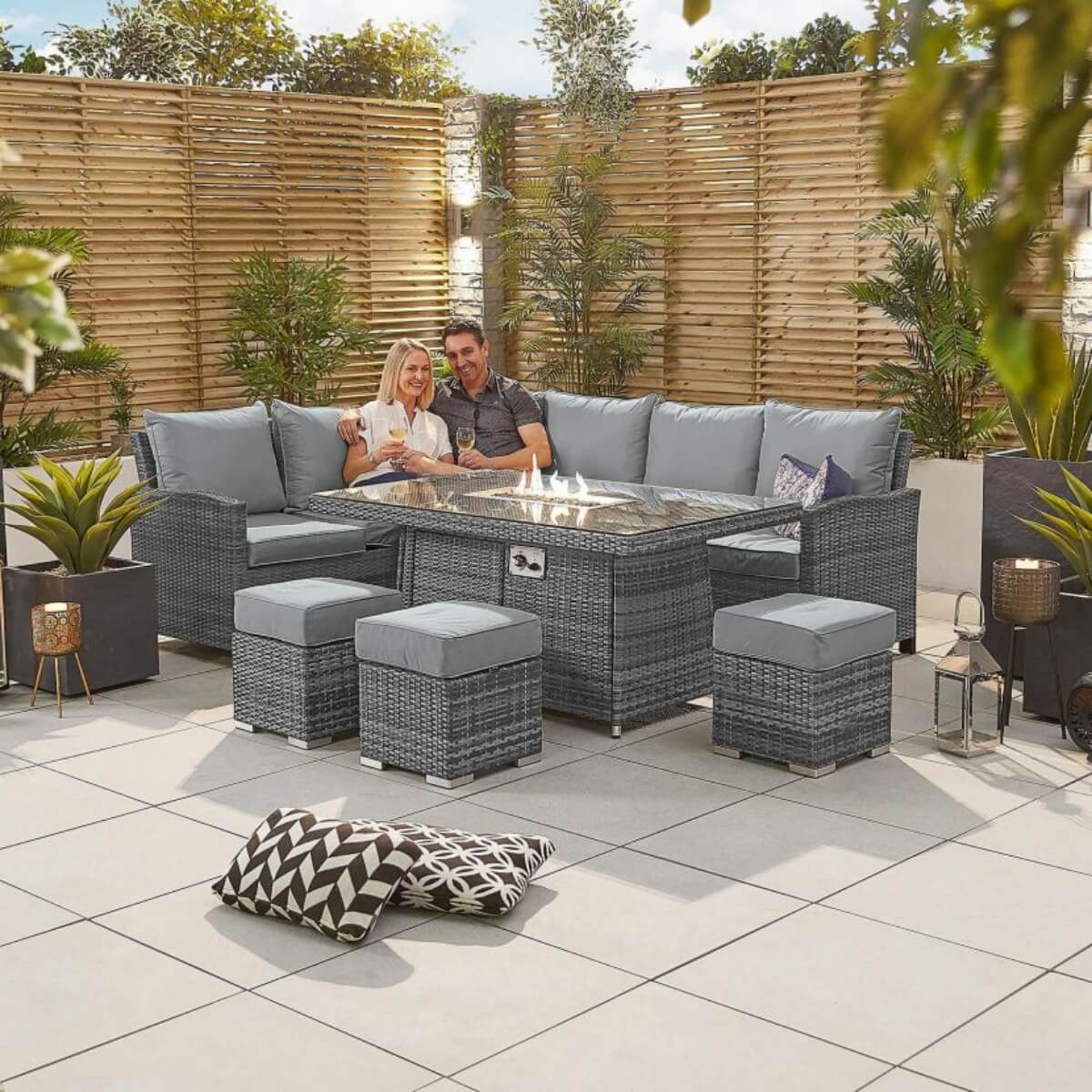 8-Seater Outdoor Corner Sofa Set with Rectangular Fire Pit Table and 3 Footstools - PAF-16591