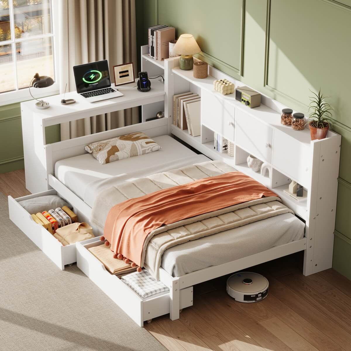 3ft Single Daybed with Storage Drawers & Bookcase – White Wooden Bed Frame with Desk and Charging Station