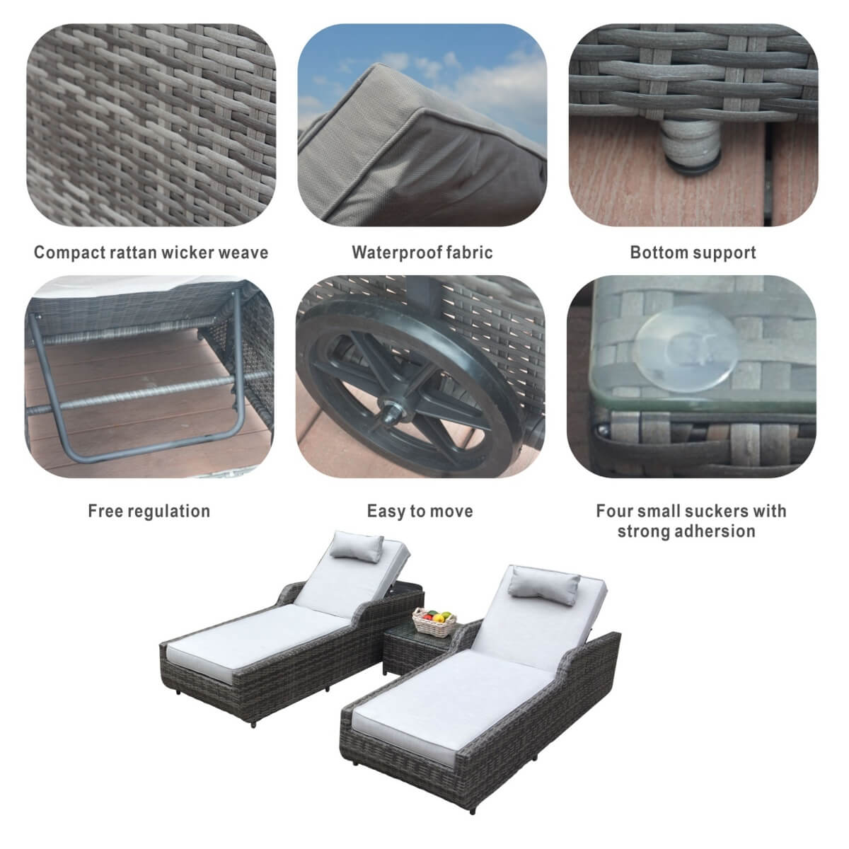 3 Piece Outdoor Rattan Sun Lounger Set with Side Table - Garden Sun Loungers