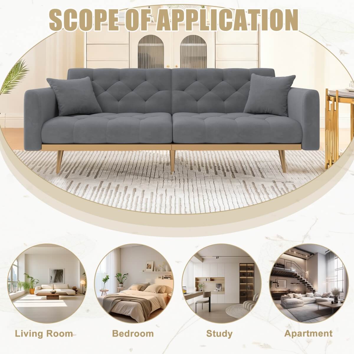 Modern Velvet 2-Seater Sofa with Adjustable Backrest - Padded Cushions & Gold Metal Legs for Small Living Rooms