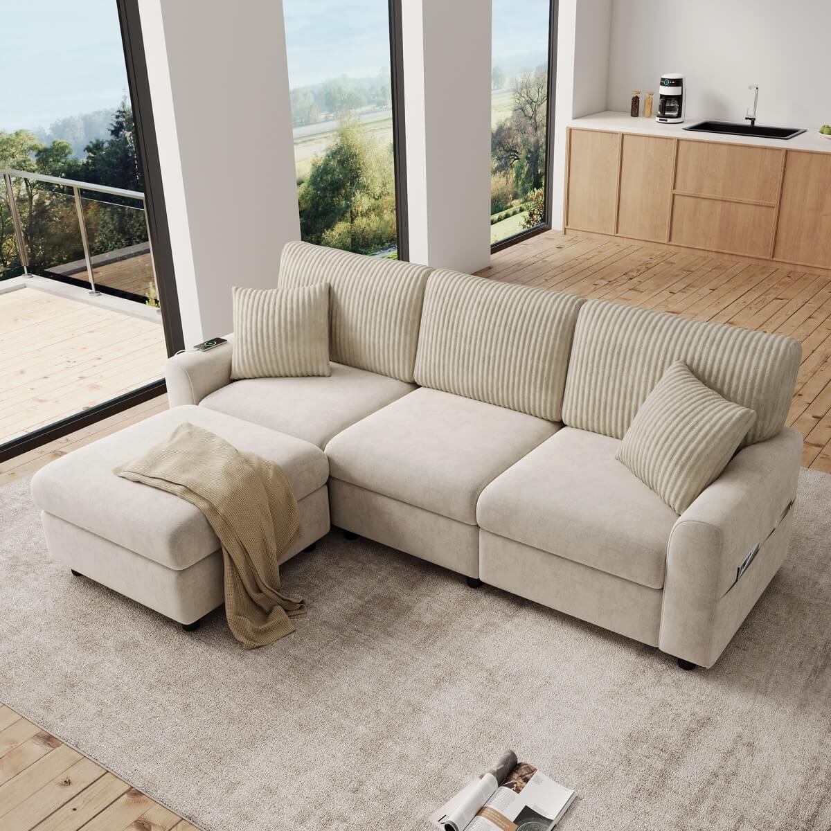 3-4 Seater Modern Sofa with Footstool - USB and Type-C Charging, Beige