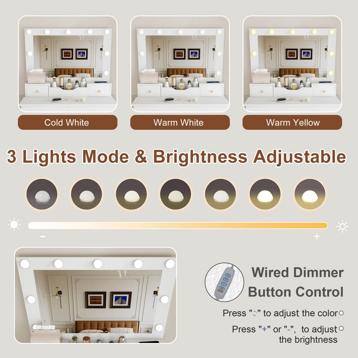 Makeup Vanity Desk with Mirror - 9 Hollywood Lights, 4 Drawers, Open Storage, Power Socket, Hair Dryer Holder & Stool, White