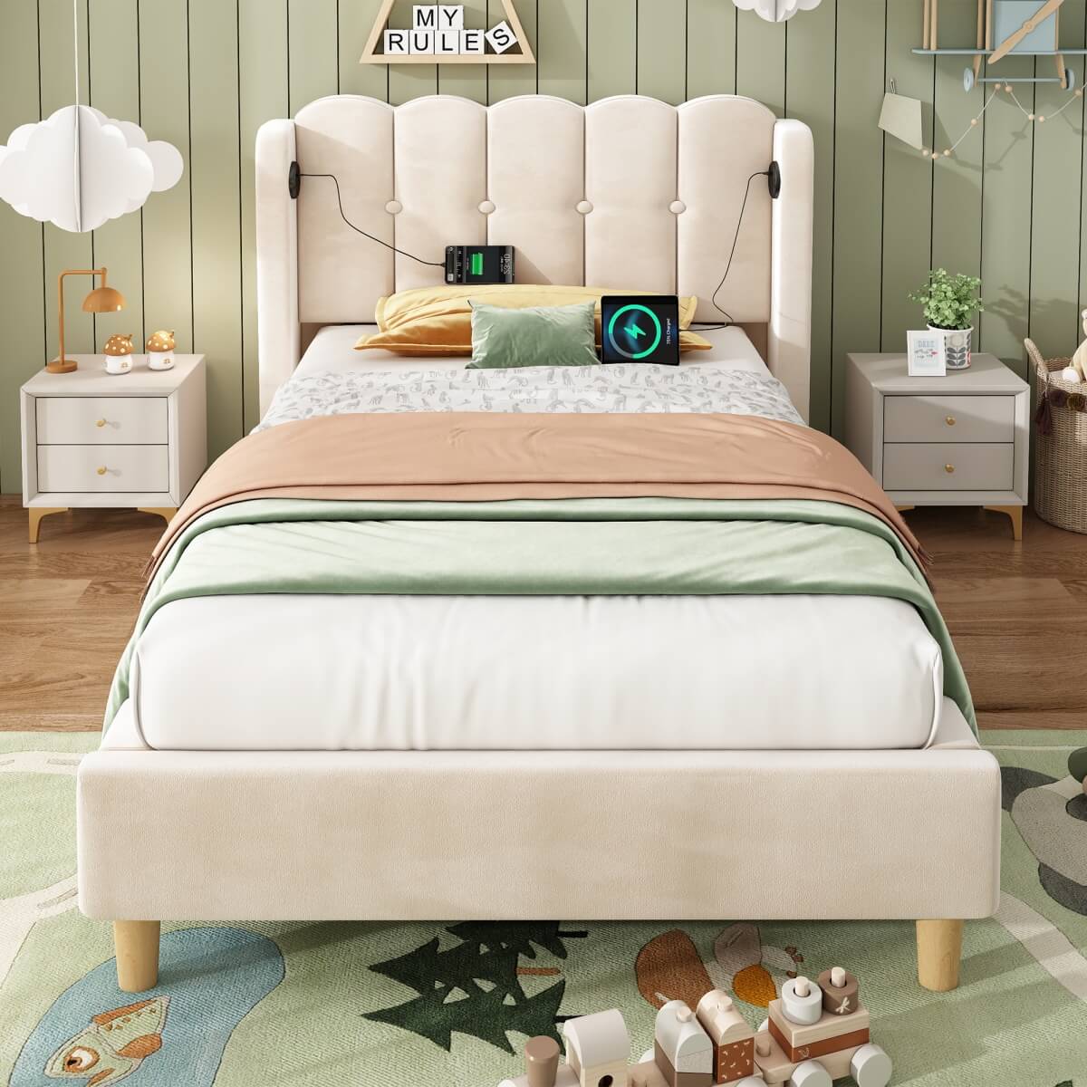 3ft Single Upholstered Bed - Velvet Bed Frame with USB & Type-C Charging, Wooden Slats, Beige