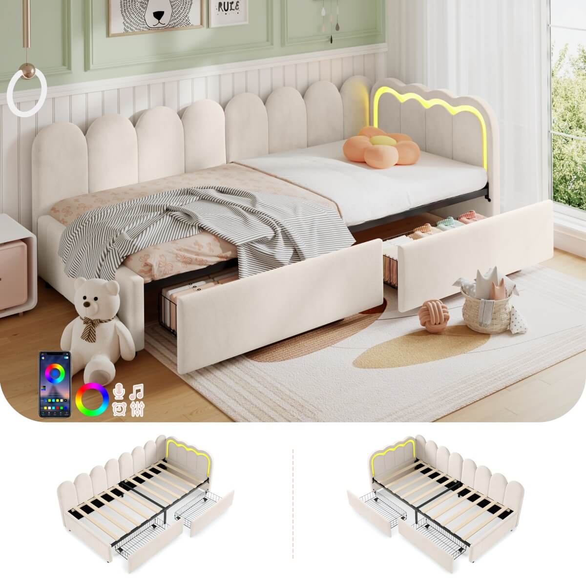 3ft Single Velvet Daybed - RGB LED Lights, 2 Storage Drawers, Scalloped Backrest, Beige