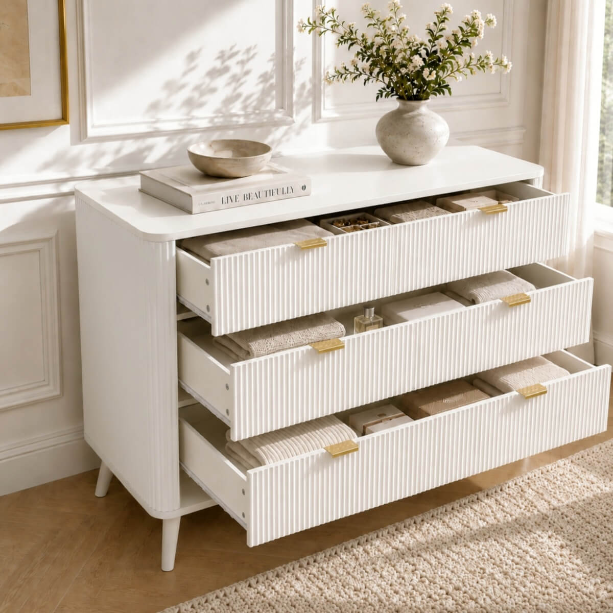 3-Drawer Chest of Drawers - Fluted Bedroom Storage Unit with Rounded Corners, Gold Handles and 4 Solid Wood Legs, Cream White