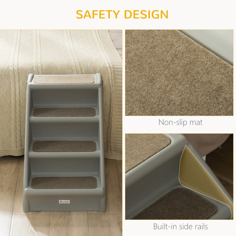 Foldable Four-Step Pet Stairs, Non-Slip Mats - Grey