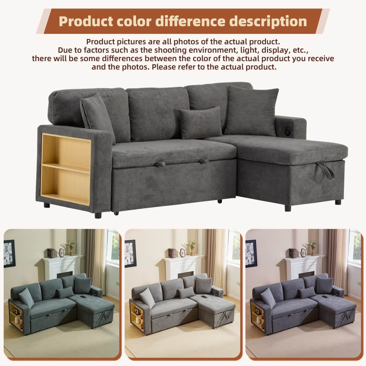 3 Seater L-Shaped Sofa Bed – Pull-Out Corner Couch with Open Storage, Bed Box and Shelf