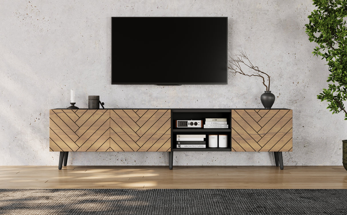 Modern Geometric TV Stand, Lowboard, TV Cabinet, TV Unit, Modern Industrial Entertainment Center, Black Media Console with Open Shelf & Cabinets, Low Storage Cabinet for Living Room