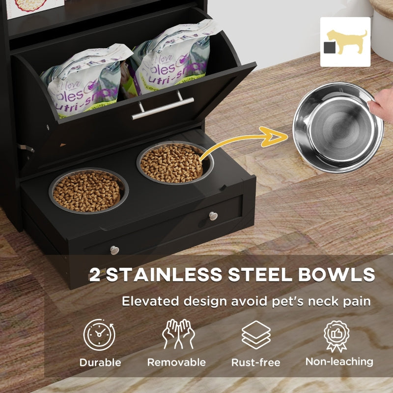 Pet Feeder Station with Raised Bowls, Storage Container, Hanger, Cabinet - Black