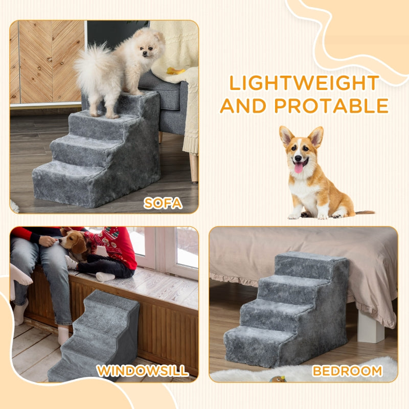 Four-Step Dog Stairs, Washable Plush Cover, Light Grey
