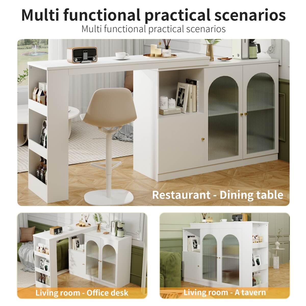 360° Rotating Kitchen Bar Cabinet - Modern White Storage Unit with Glass Door