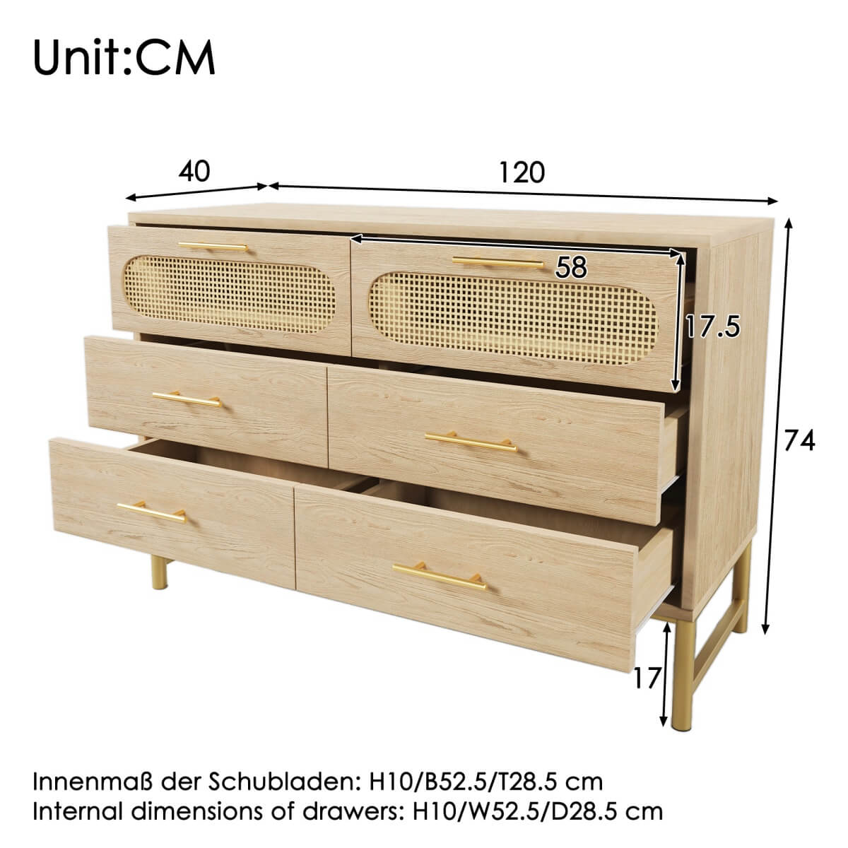 Rattan Sideboard Cabinet with 6 Drawers - Wooden Storage Cupboard for Living Room, Oak
