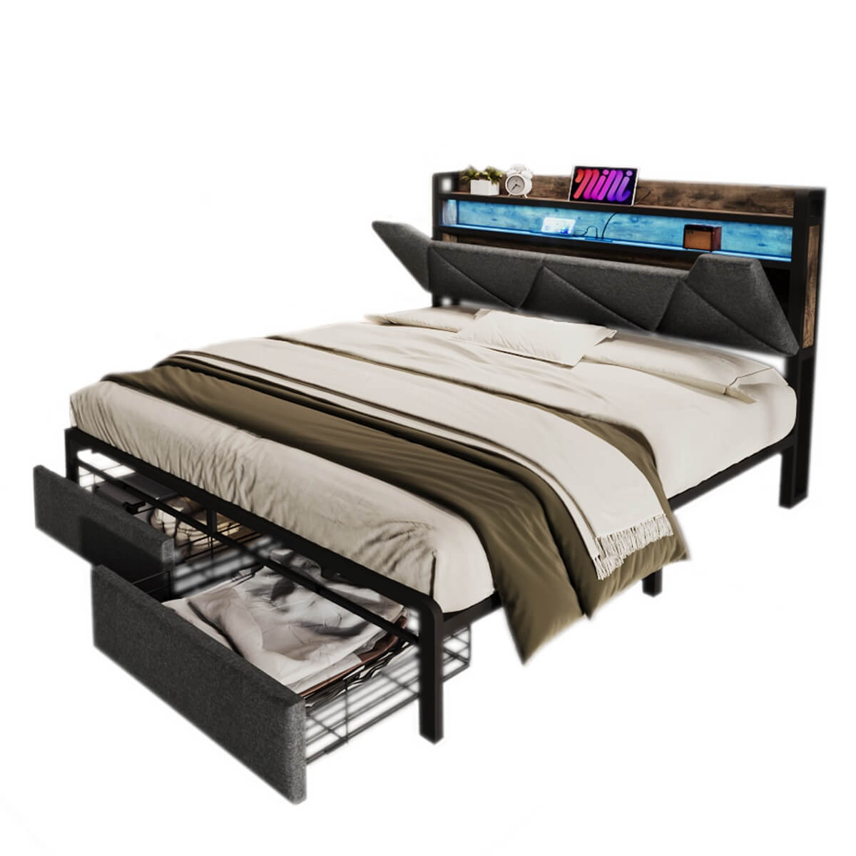 4FT6 Double Upholstered Storage Bed - LED Bed Frame with USB-C Charging & Storage Headboard