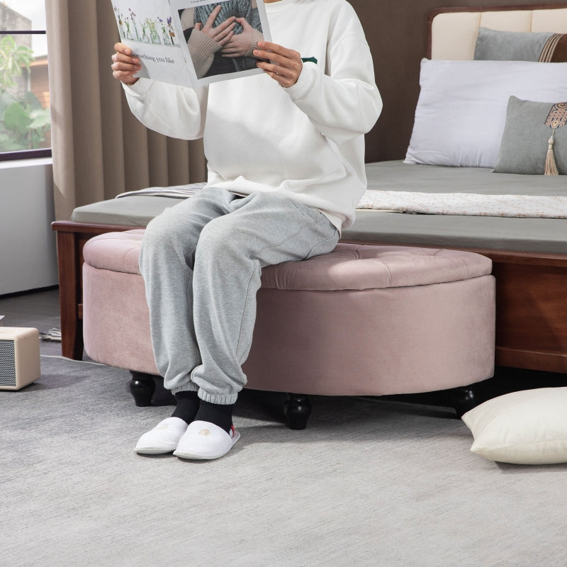 Semi-Circle Ottoman Storage Bench, Tufted Upholstered Footrest Stool, Rubberwood Legs, Pink