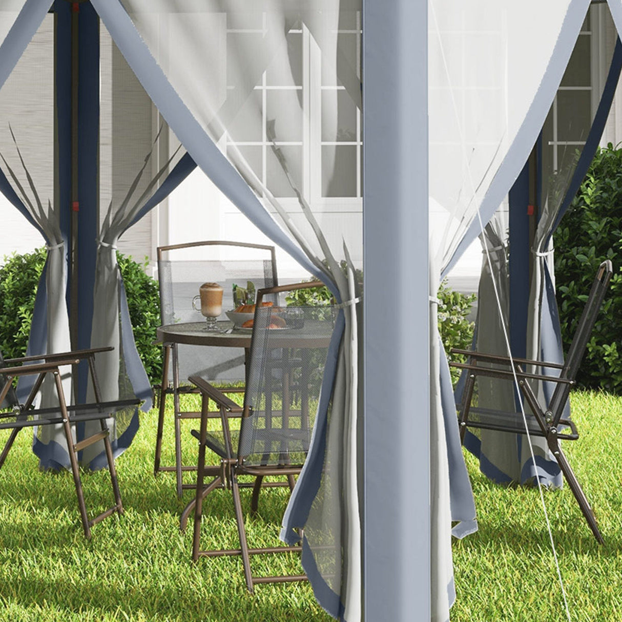 Metal Frame Hexagon Gazebo, 3 x 4m with Curtains - Grey