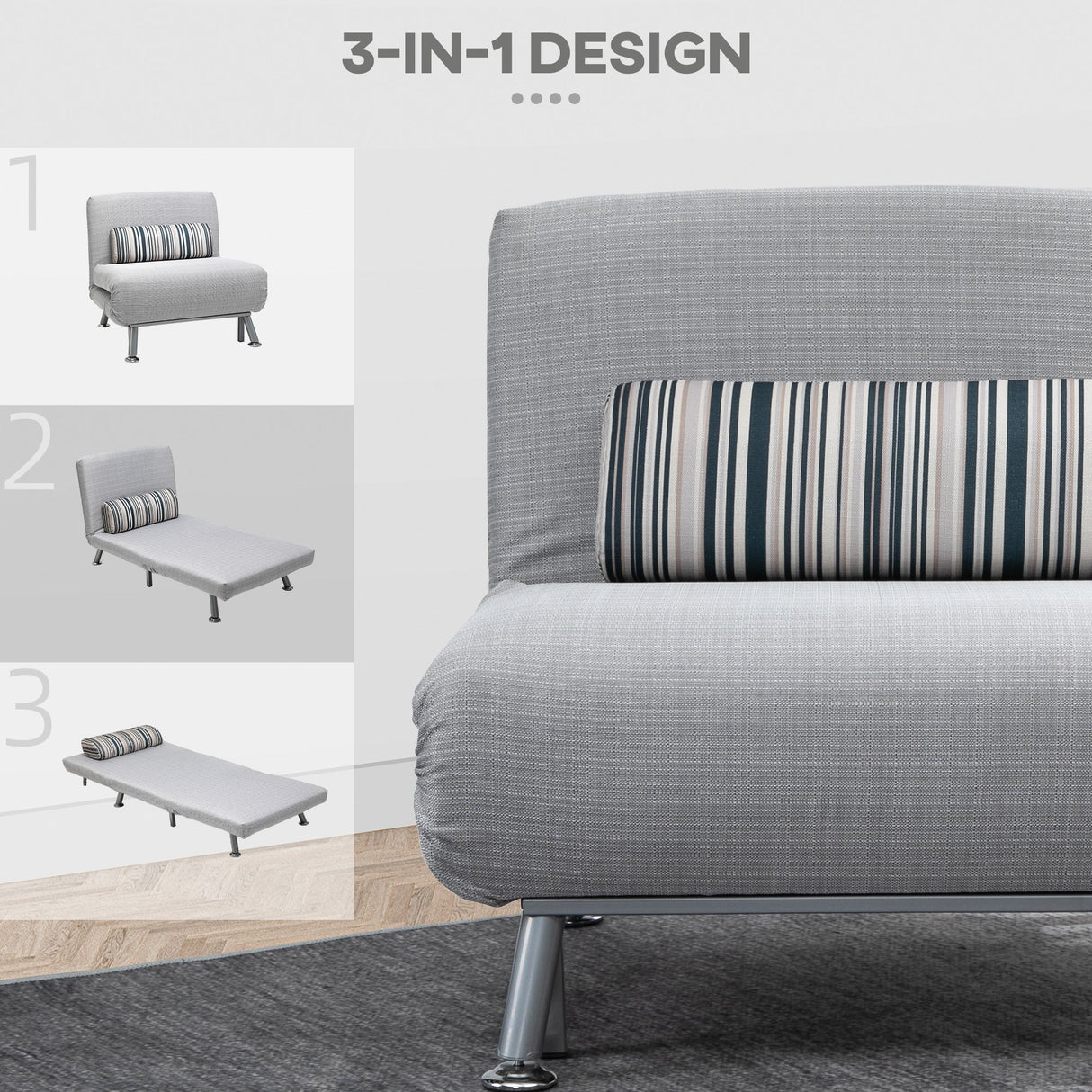 Single Sofa Bed, Foldable 1 Person Sleeper Lounge with Pillow, Grey