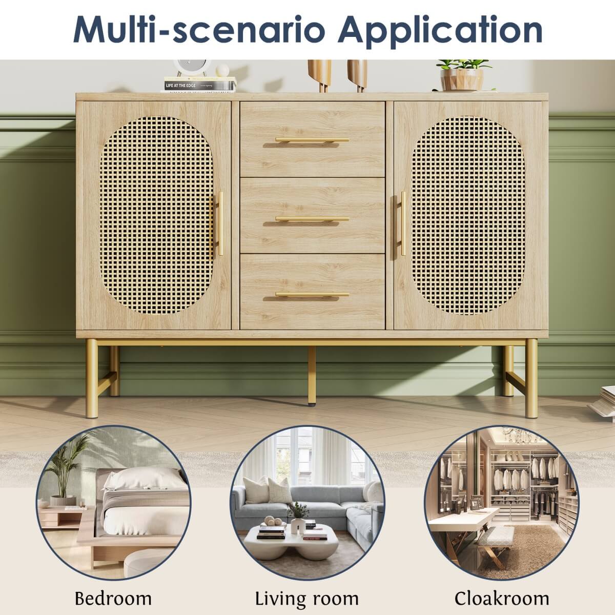 Rattan Sideboard Cabinet with 2 Doors & 3 Drawers - Wooden Storage Cupboard for Living Room, Oak