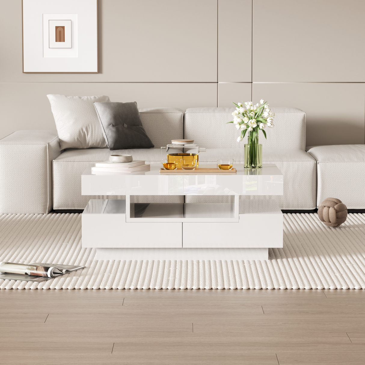 Coffee Table, High-Gloss, LED Light, Four Drawers, Large Storage