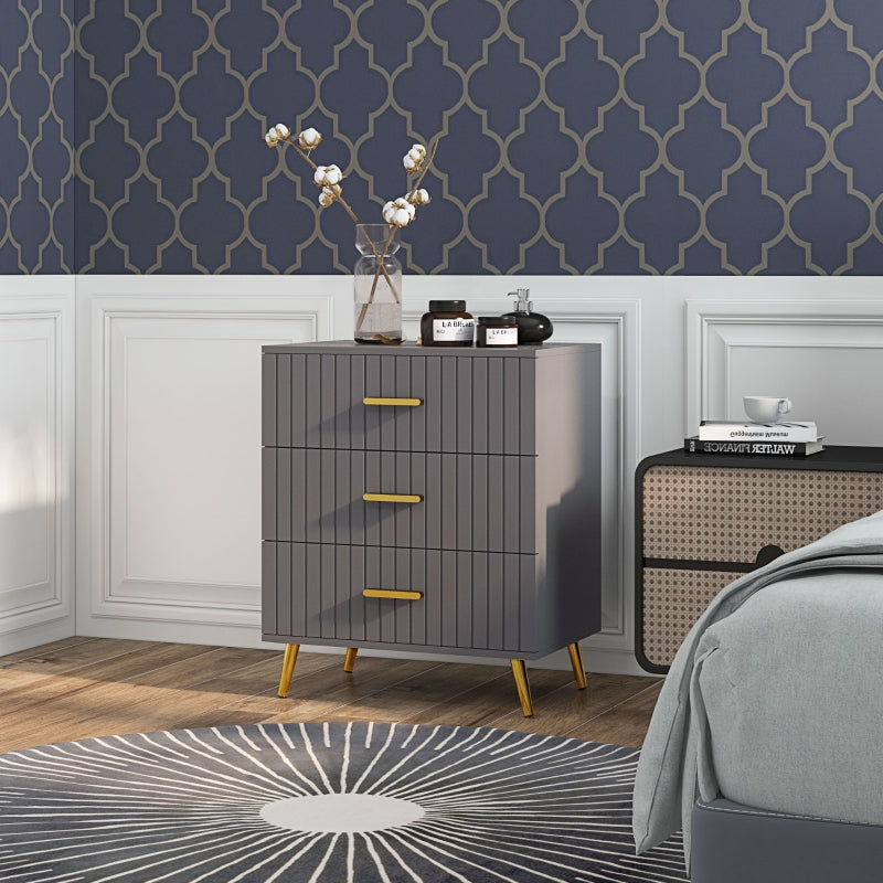 Three Drawer Dresser with Embossed Line - Grey/Gold Tone