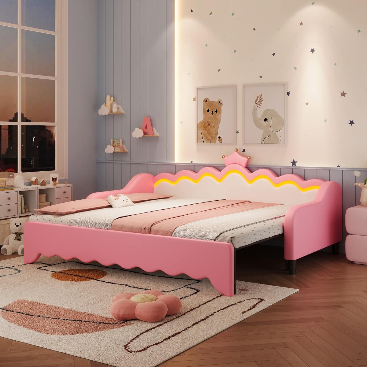 3FT Single Daybed with LED Crown Headboard - PU Leather Sofa Bed with Trundle for Living Room or Bedroom